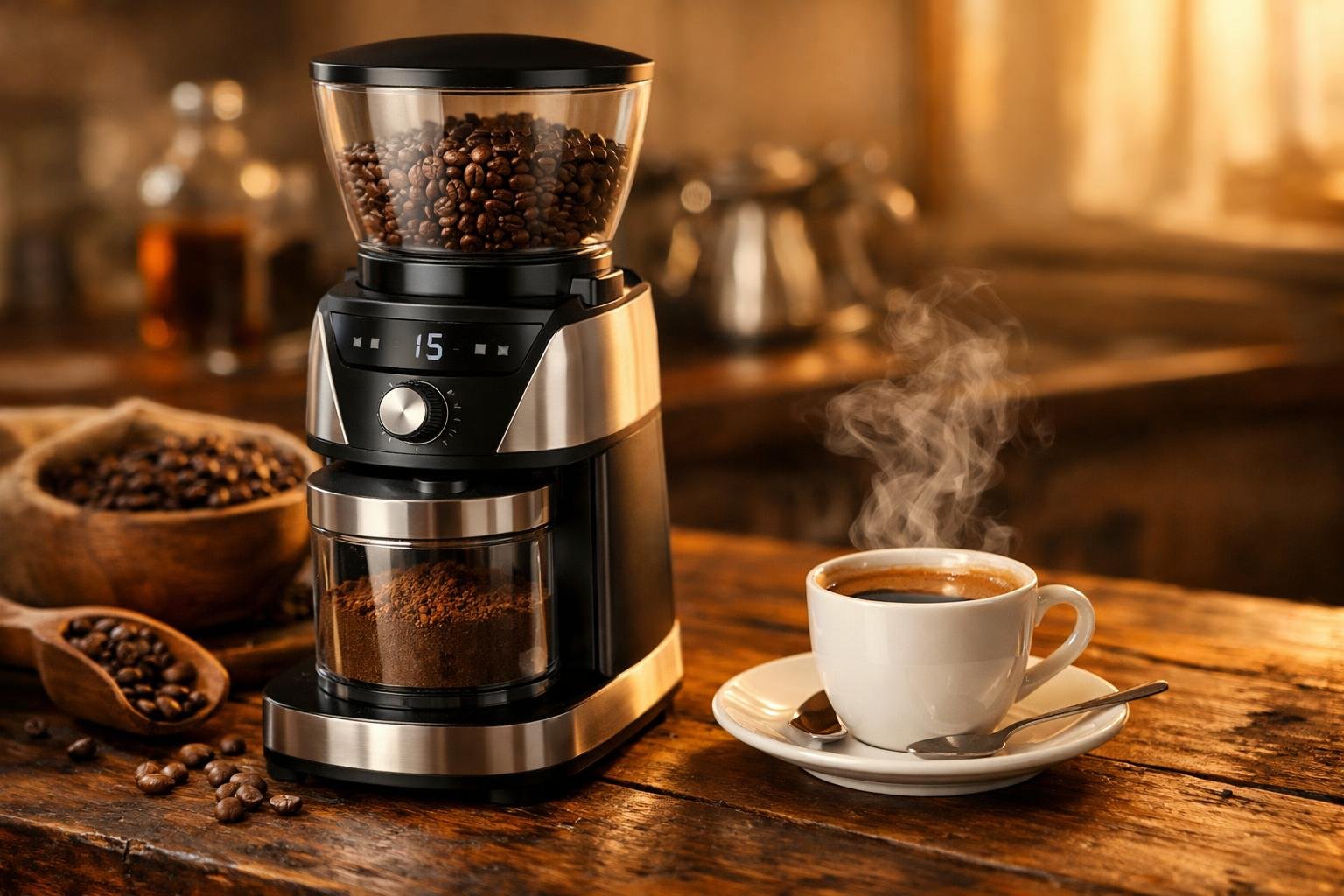 best burr coffee grinder on wooden countertop