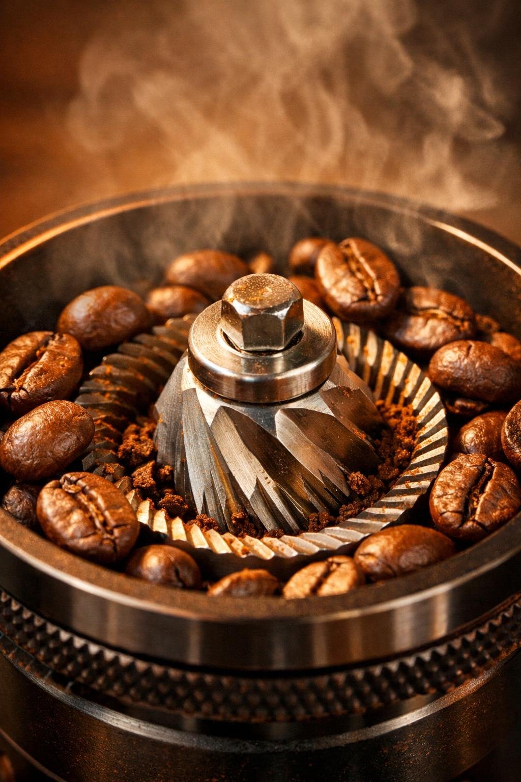 burr grinder mechanism with coffee beans
