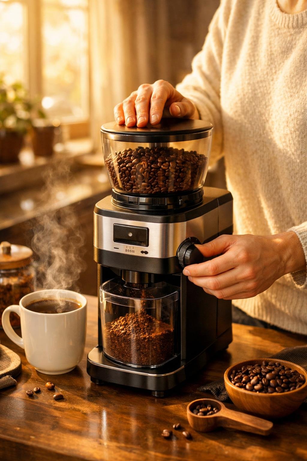 person using electric burr grinder at home
