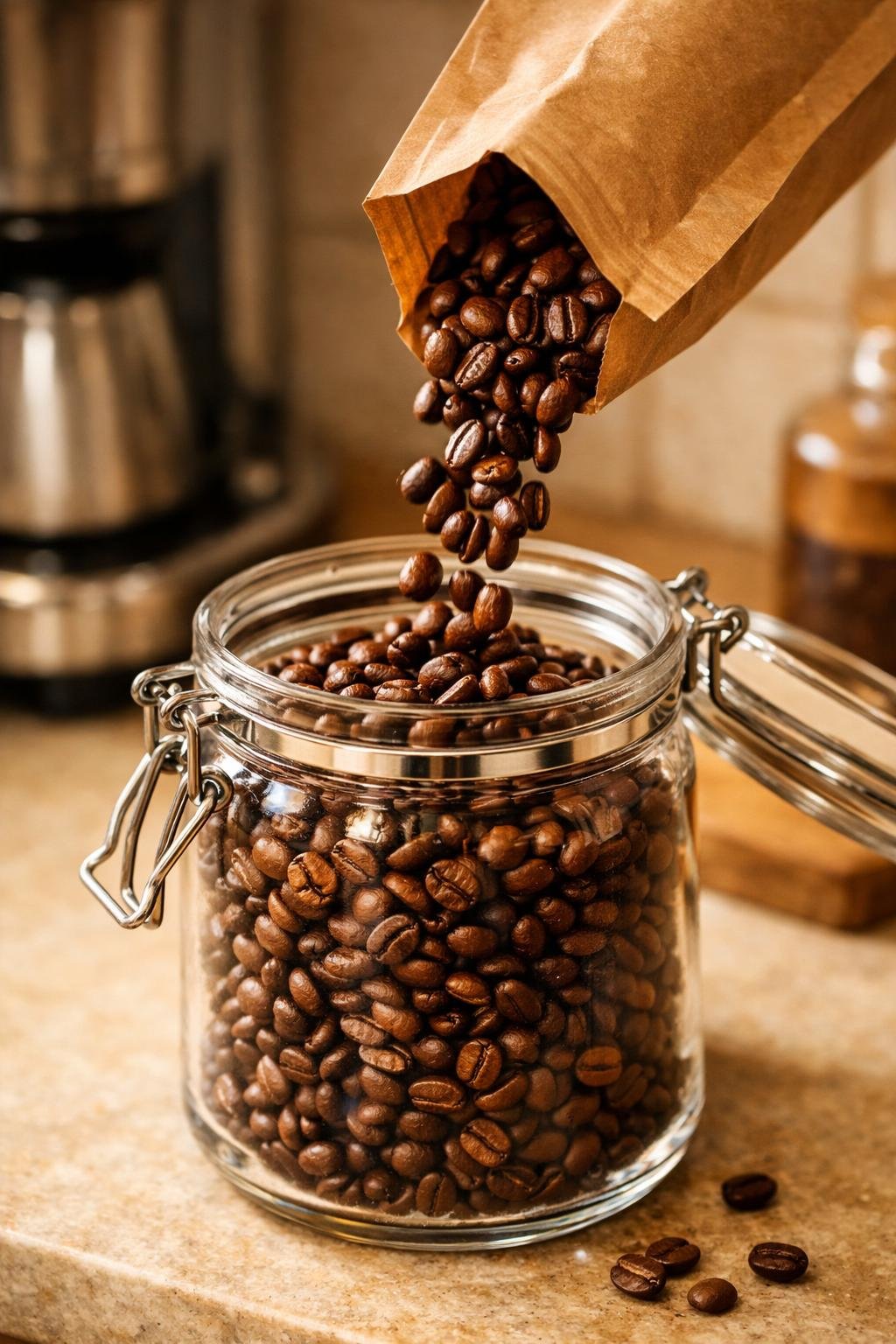 Storing the best espresso beans for home baristas in an airtight glass canister to preserve freshness