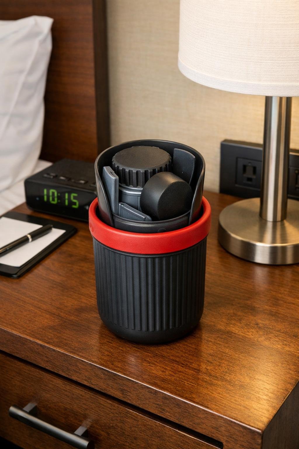 AeroPress Go portable travel coffee press packed inside its mug on a hotel nightstand