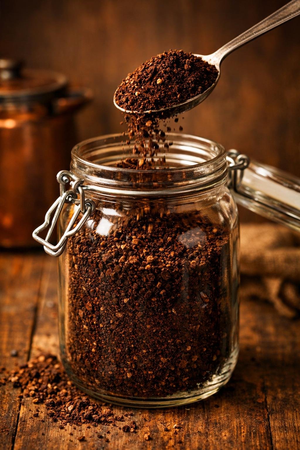 Coarsely ground coffee being added to a mason jar for cold brew