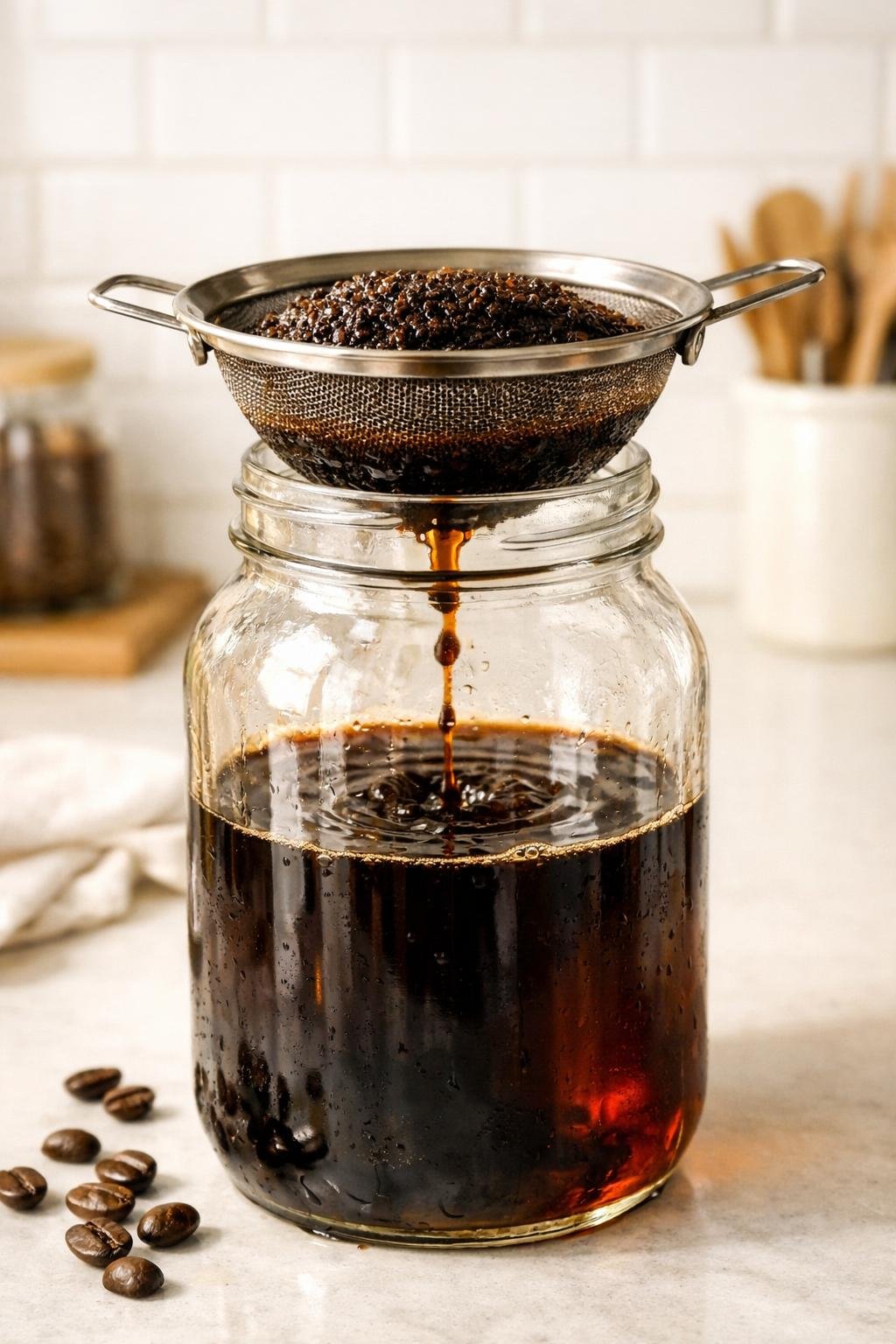 Cold brew coffee being strained through a fine mesh filter into a glass jar