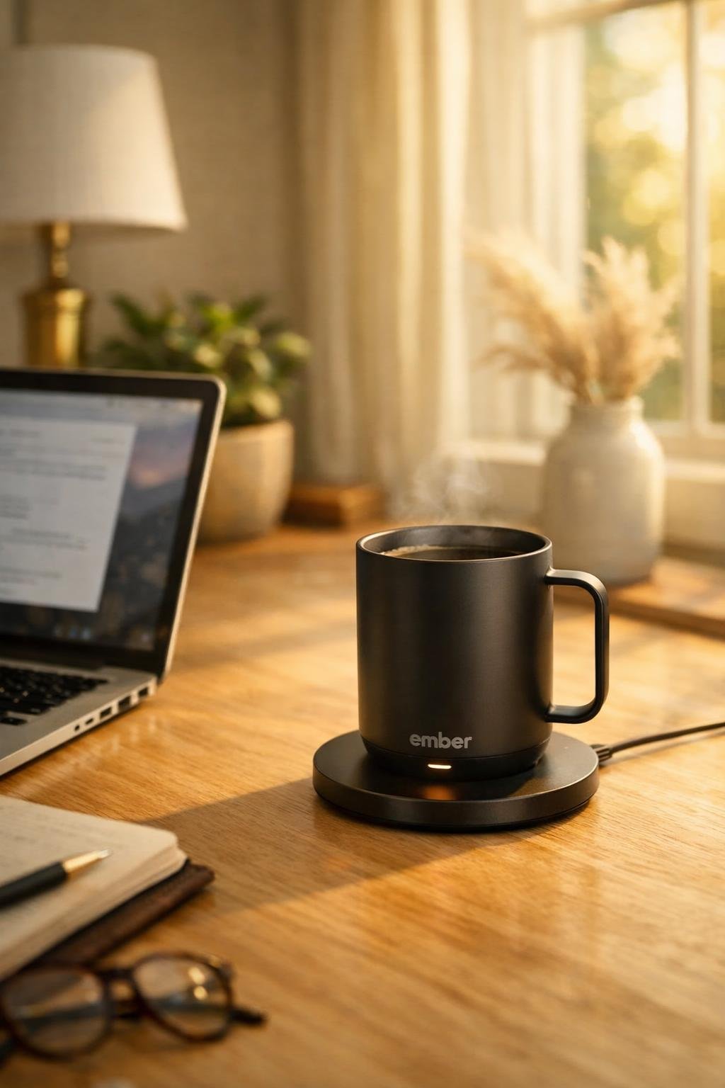 Ember temperature control mug on charging coaster beside a laptop in a warm home office with morning light