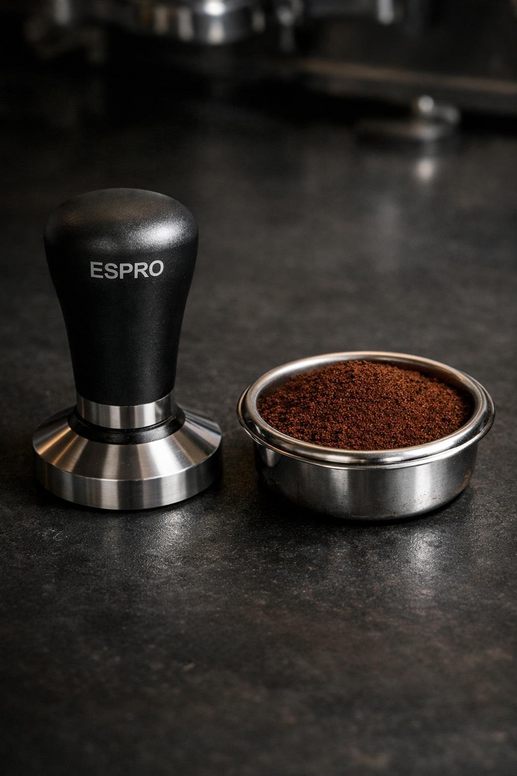 Espro Calibrated Tamper 58mm beside a portafilter basket filled with espresso grounds