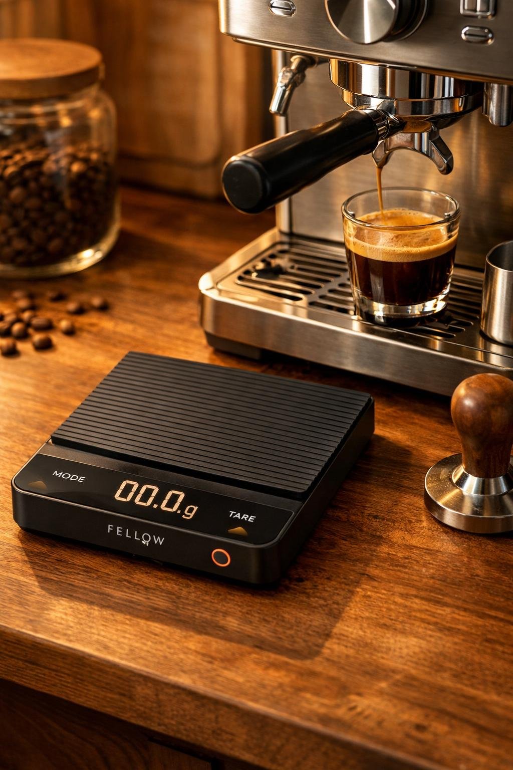 Fellow Tally Pro coffee scale on a wooden surface beside an espresso machine