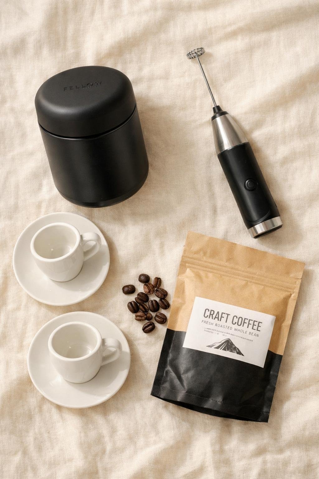 Flat lay of coffee gift items including canister, milk frother, espresso cups and beans on warm linen