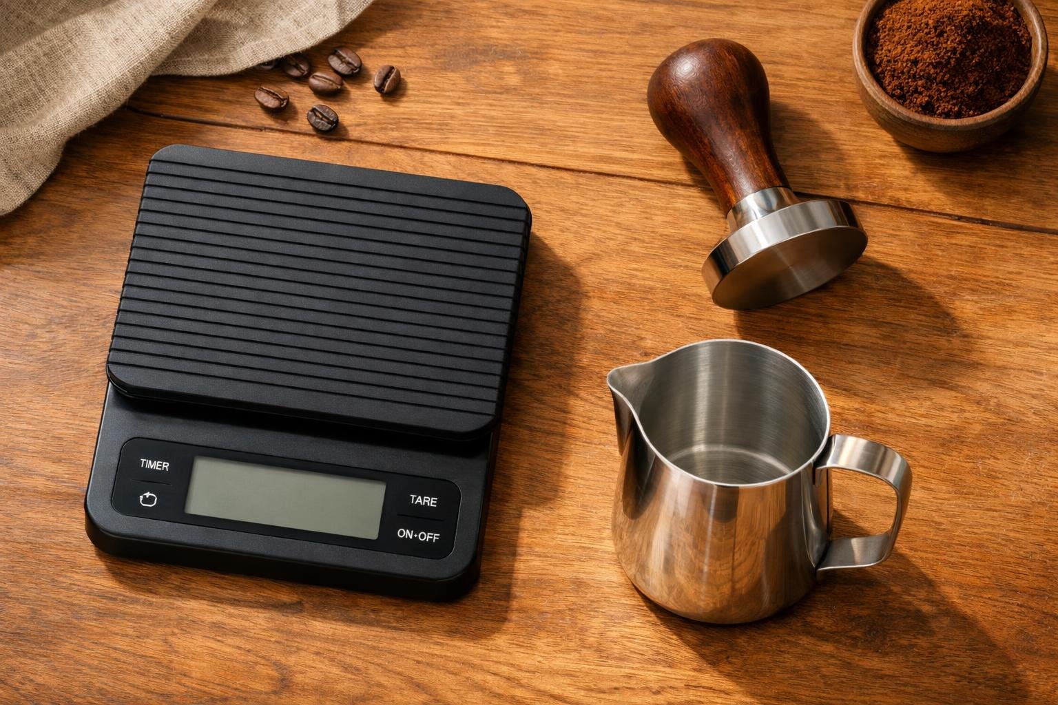Flat lay of coffee accessories including a digital scale, espresso tamper and milk pitcher on a warm wooden surface