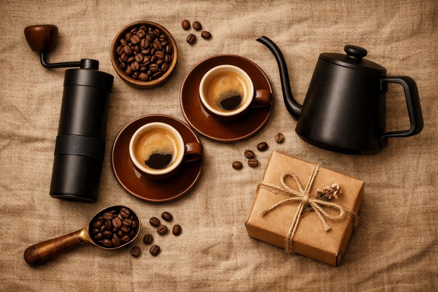 Flat lay of coffee gifts including espresso cups, coffee beans, grinder and wrapped gift boxes on linen surface