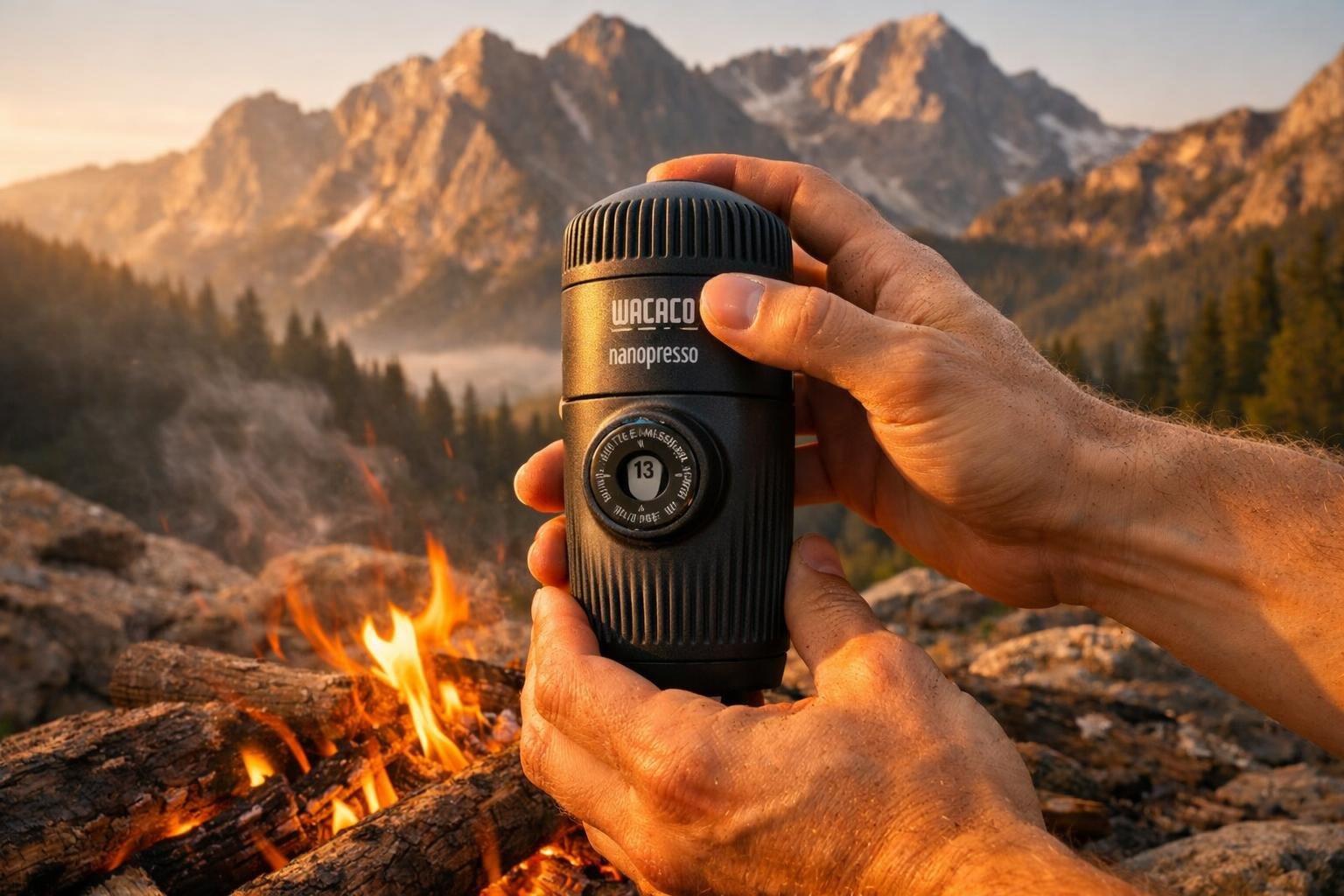 Hands holding a Wacaco Nanopresso portable espresso maker outdoors with mountains in the background