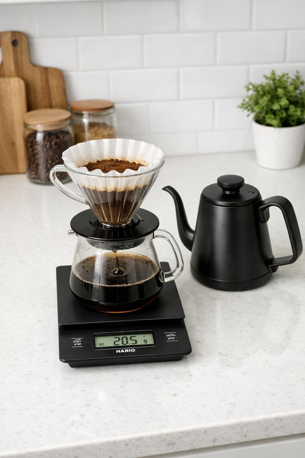 Hario V60 Drip Scale with a pour over dripper and kettle on a clean kitchen counter