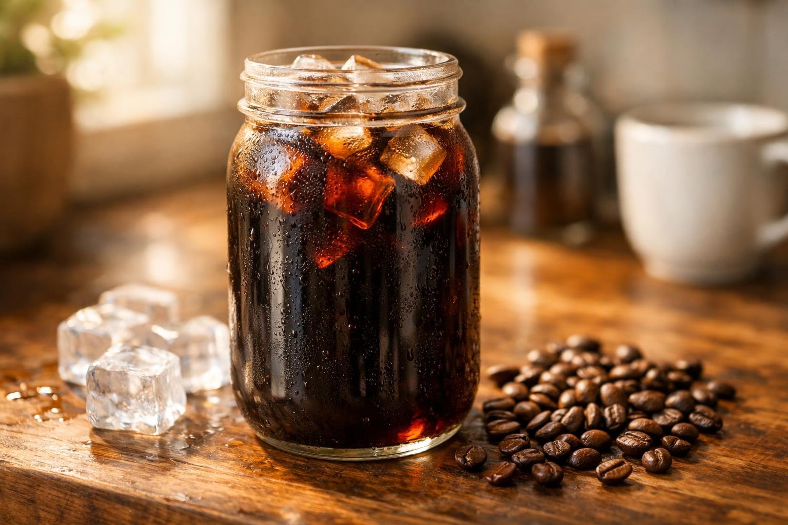 Mason jar of cold brew coffee on wooden surface with ice and coffee beans