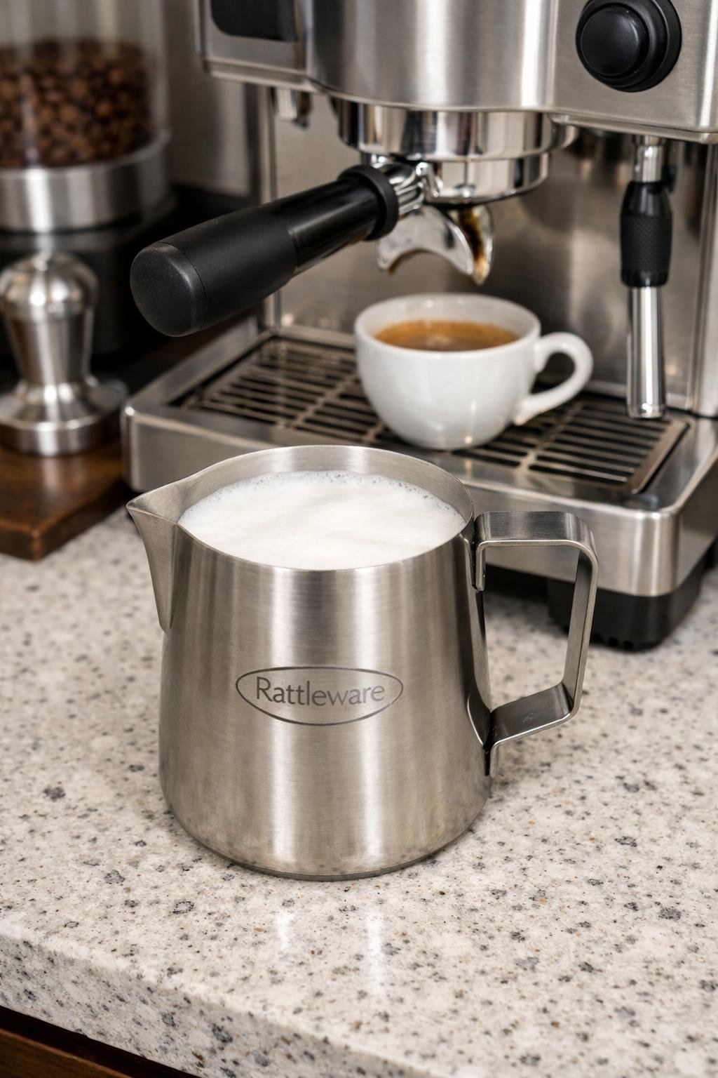 Rattleware Latte Art Pitcher with steamed milk beside an espresso machine on a kitchen counter