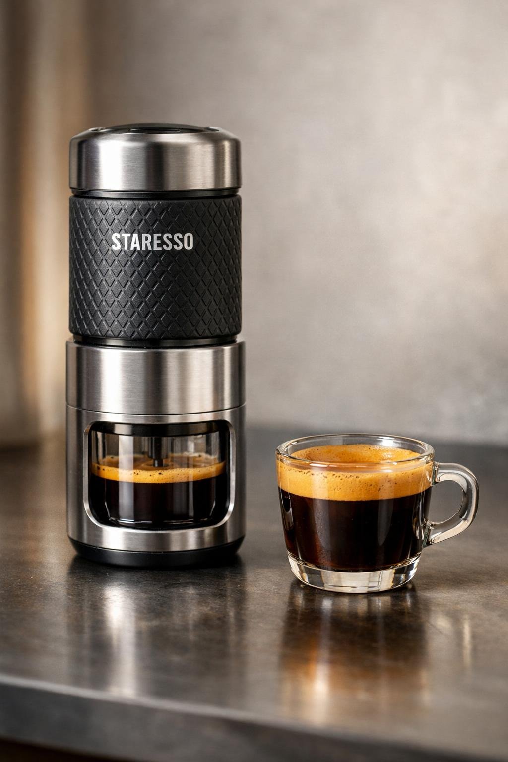 Staresso portable espresso maker with a thick crema espresso shot