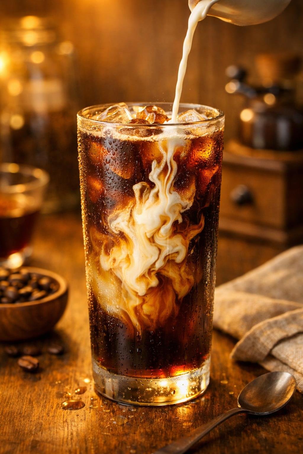 Glass of cold brew coffee over ice with cream being poured in warm kitchen light