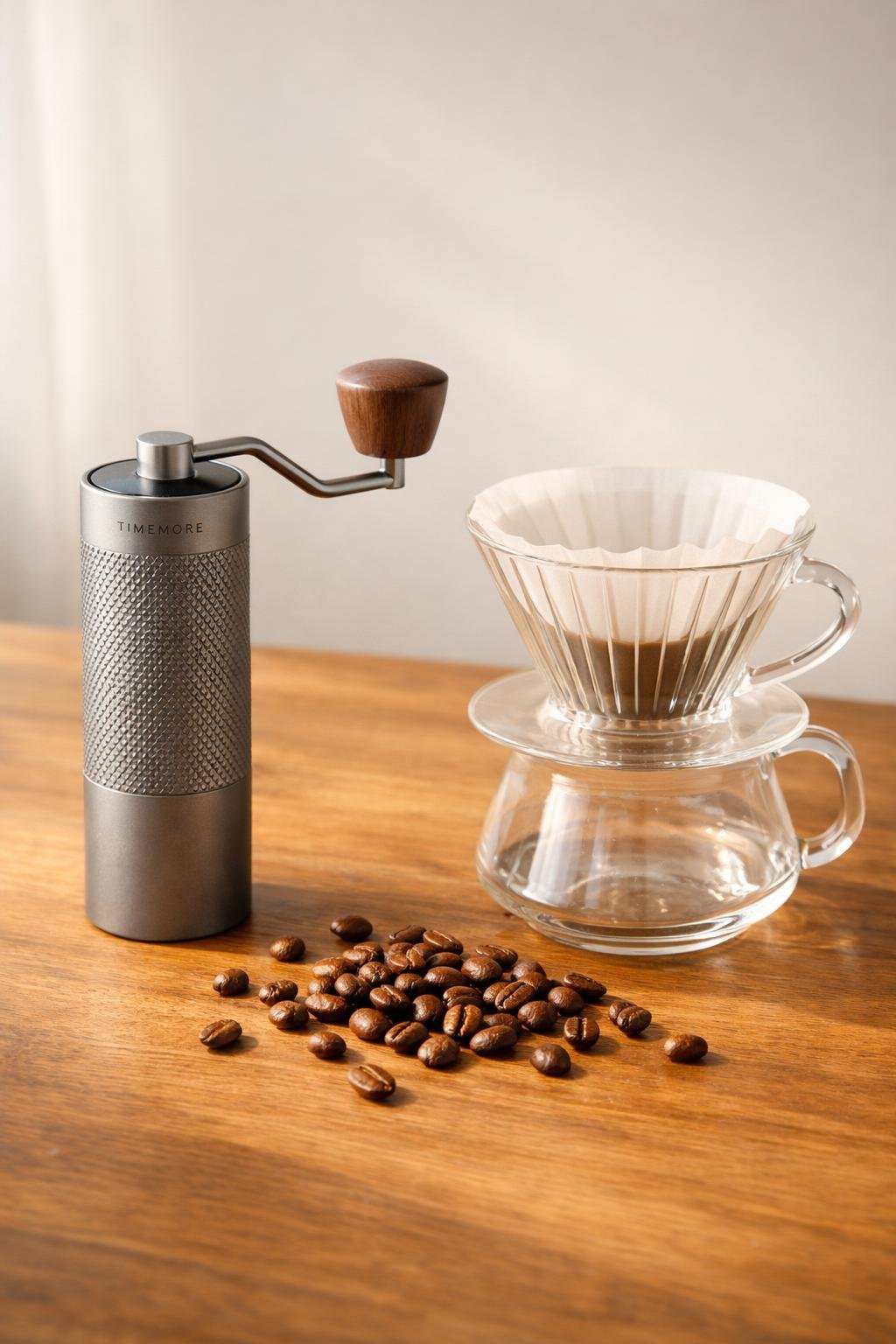 Timemore C2 hand grinder beside a pour over dripper and fresh coffee beans on a wooden surface
