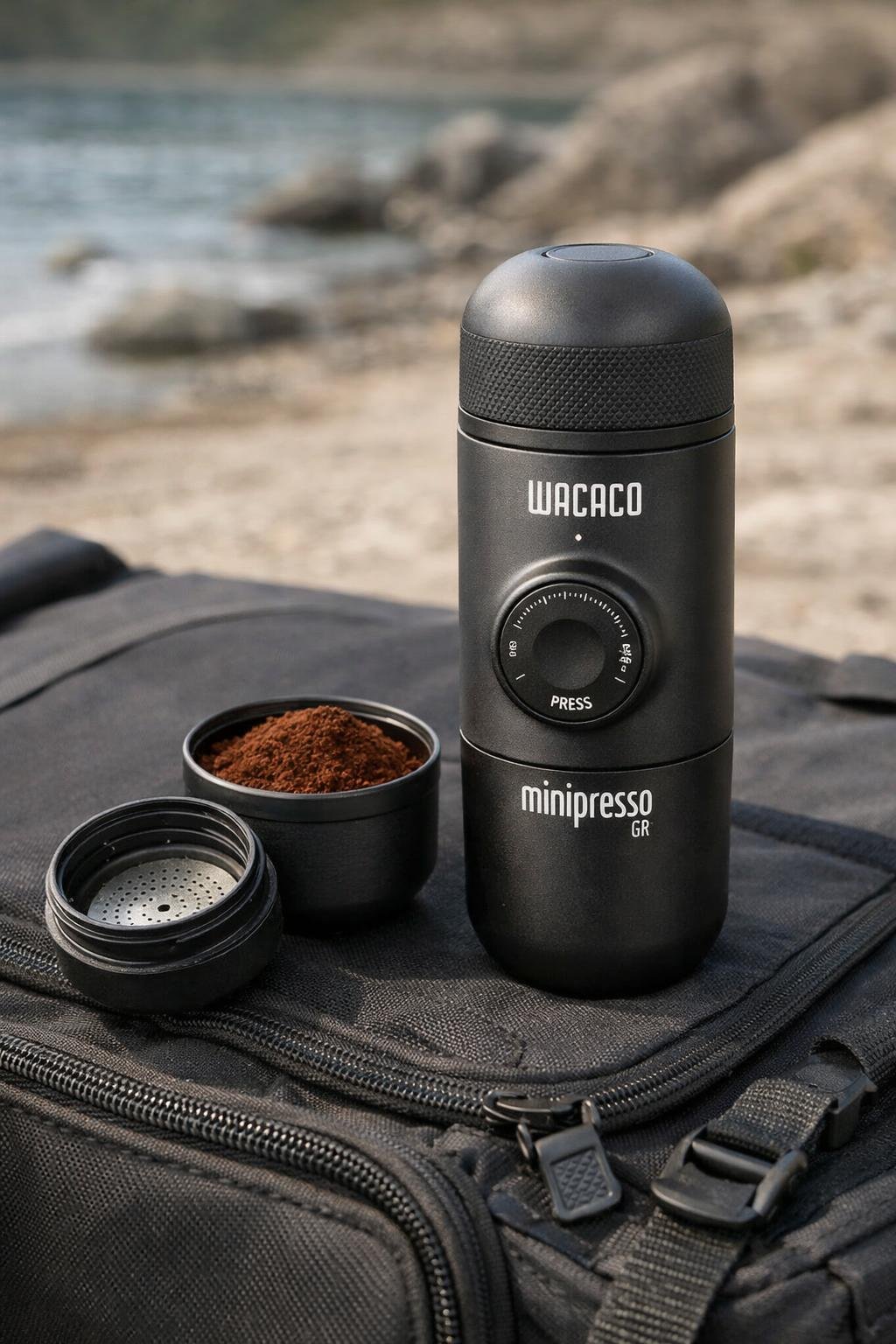 Wacaco Minipresso GR portable espresso machine with ground coffee beside a travel bag