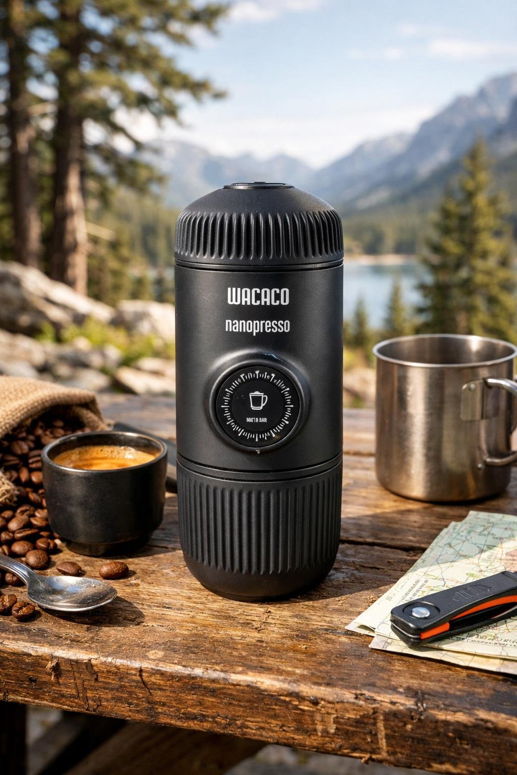 Wacaco Nanopresso portable espresso maker on a wooden table outdoors