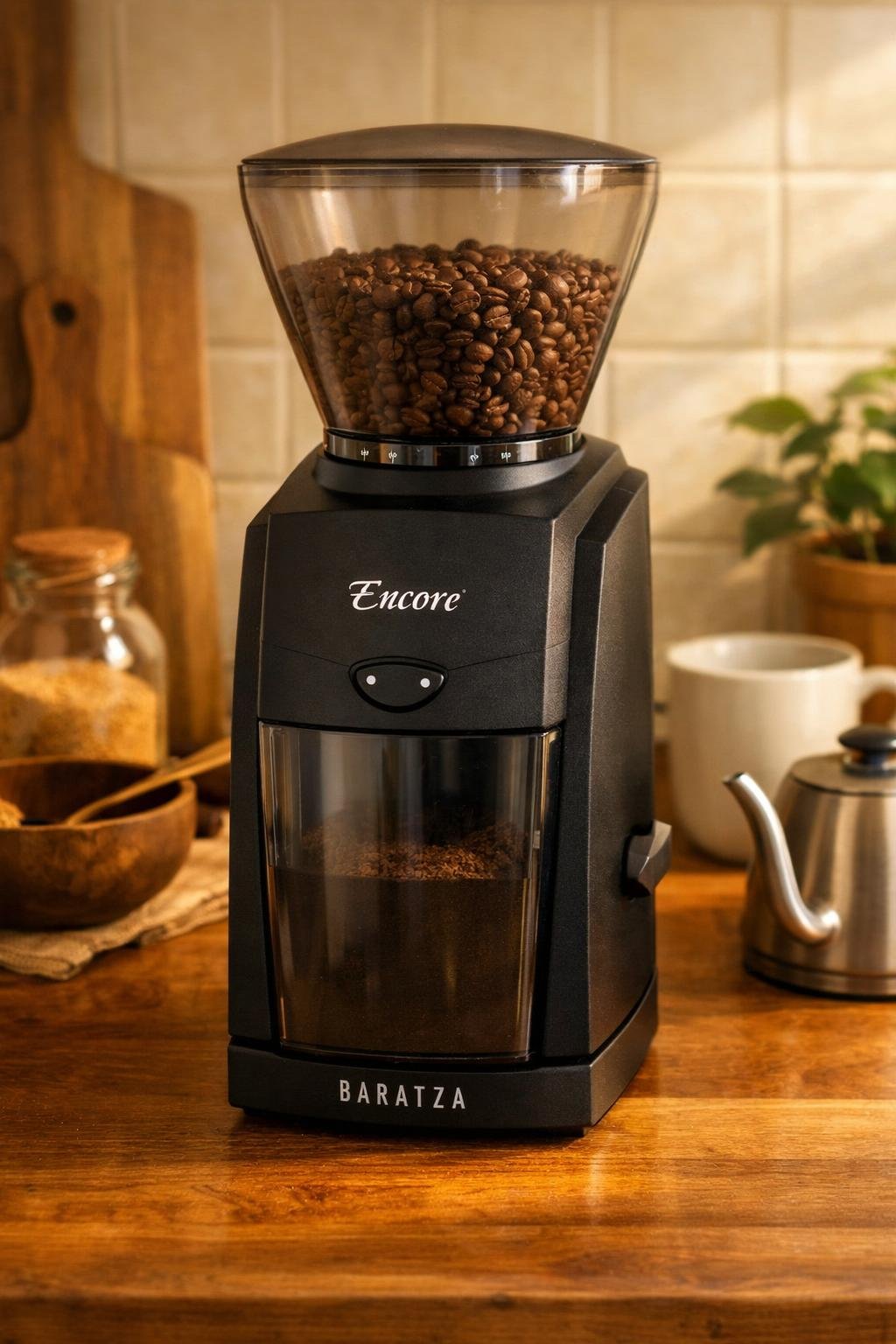 Baratza Encore conical burr coffee grinder in black on a kitchen counter
