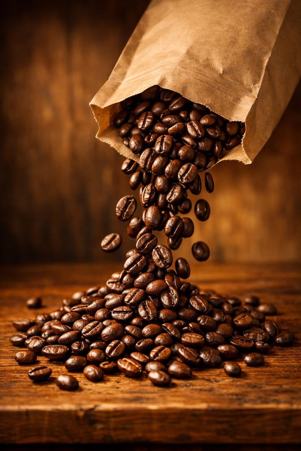 Fresh espresso beans spilling from a bag onto a wooden surface