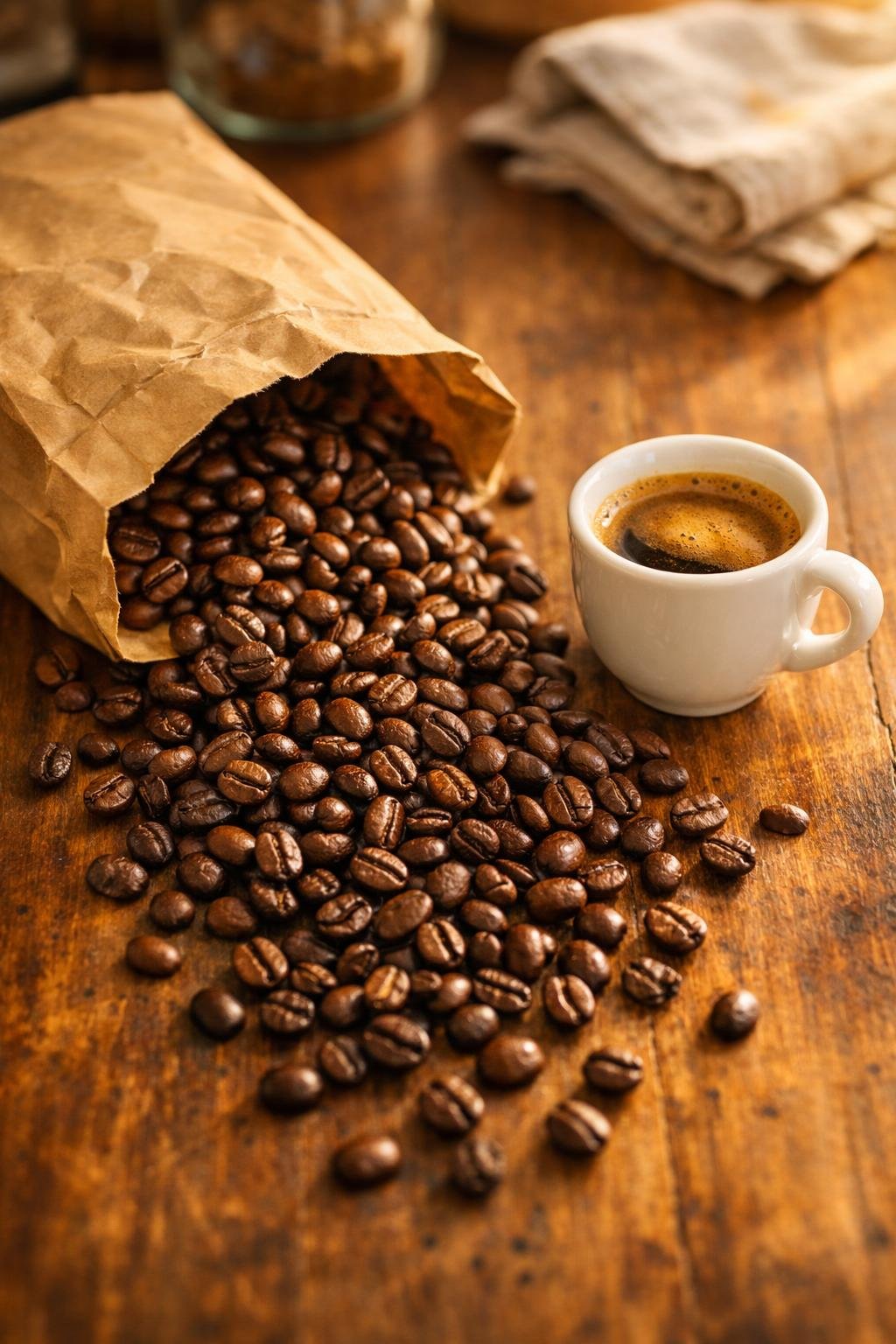 Best espresso beans for home baristas displayed as whole roasted coffee beans on a wooden surface with espresso cup