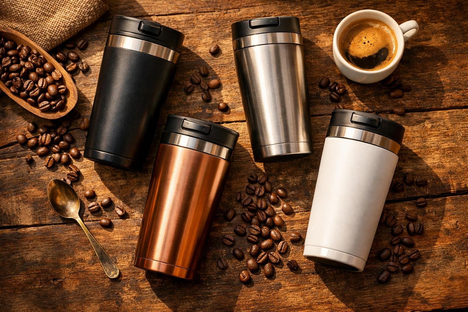 Best travel coffee mugs lined up on a wooden surface