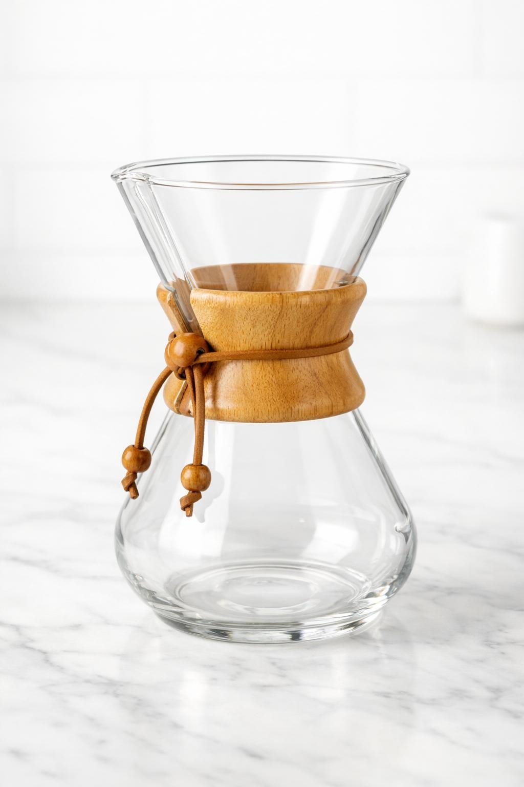 Chemex 6-Cup Classic Series pour over coffee maker on a kitchen counter