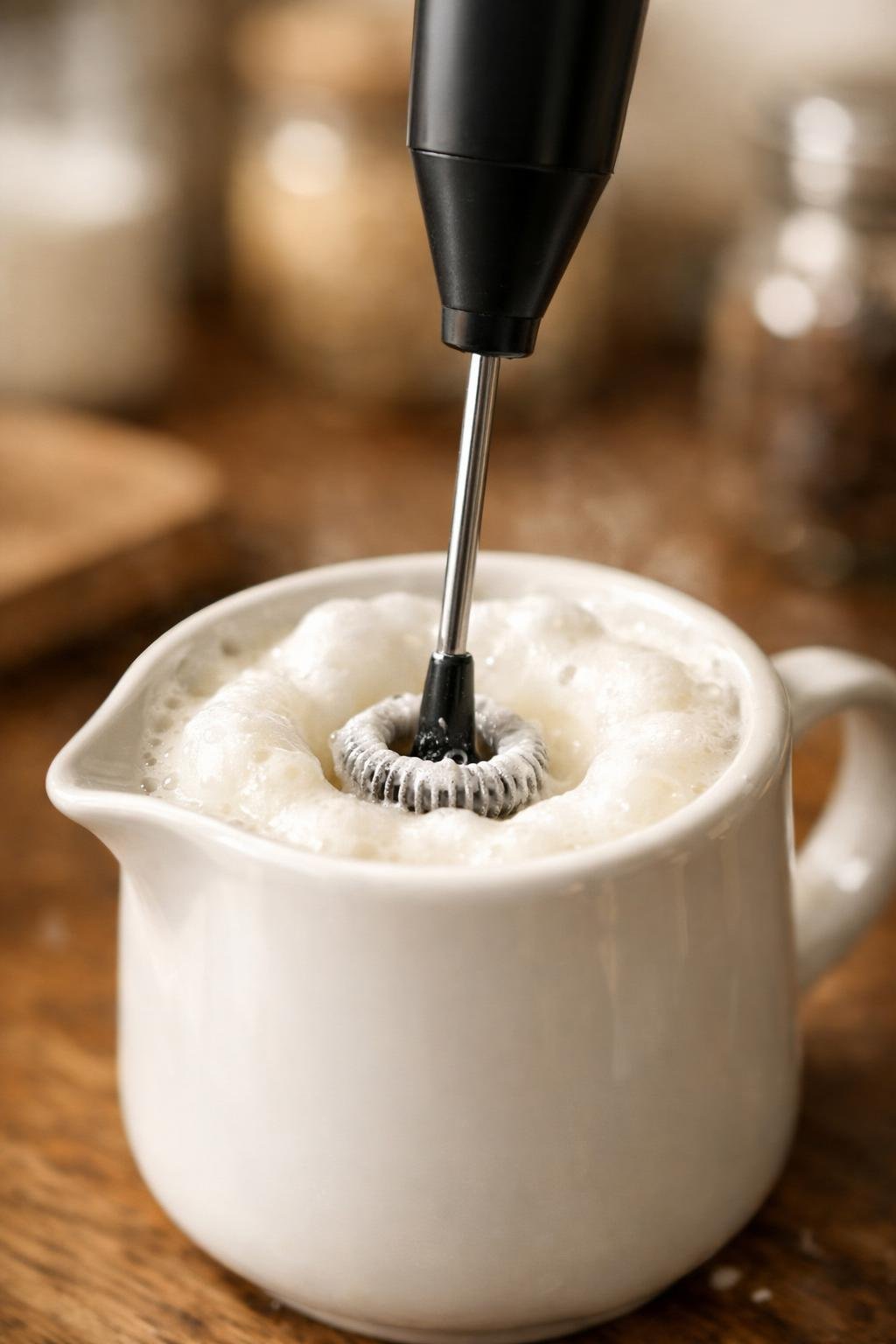 Handheld milk frother making sweet cream cold foam in a small pitcher