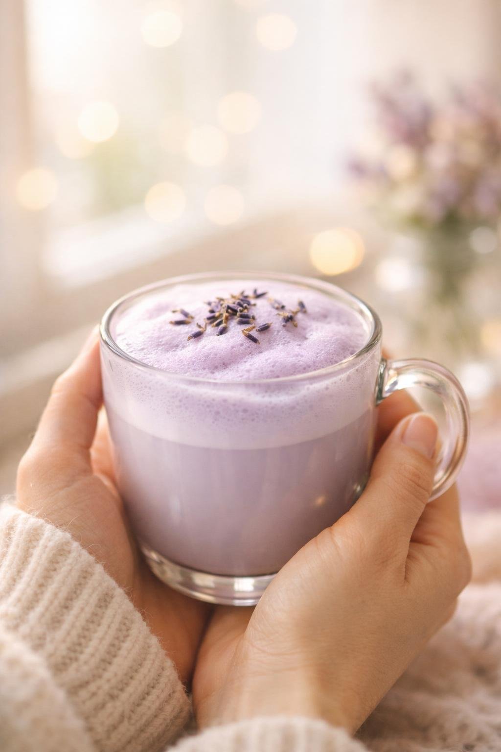 Hands holding a homemade lavender latte with purple foam near a bright window