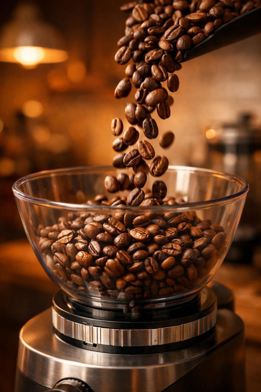 Fresh coffee beans being poured into a burr grinder hopper — the foundation of great home coffee