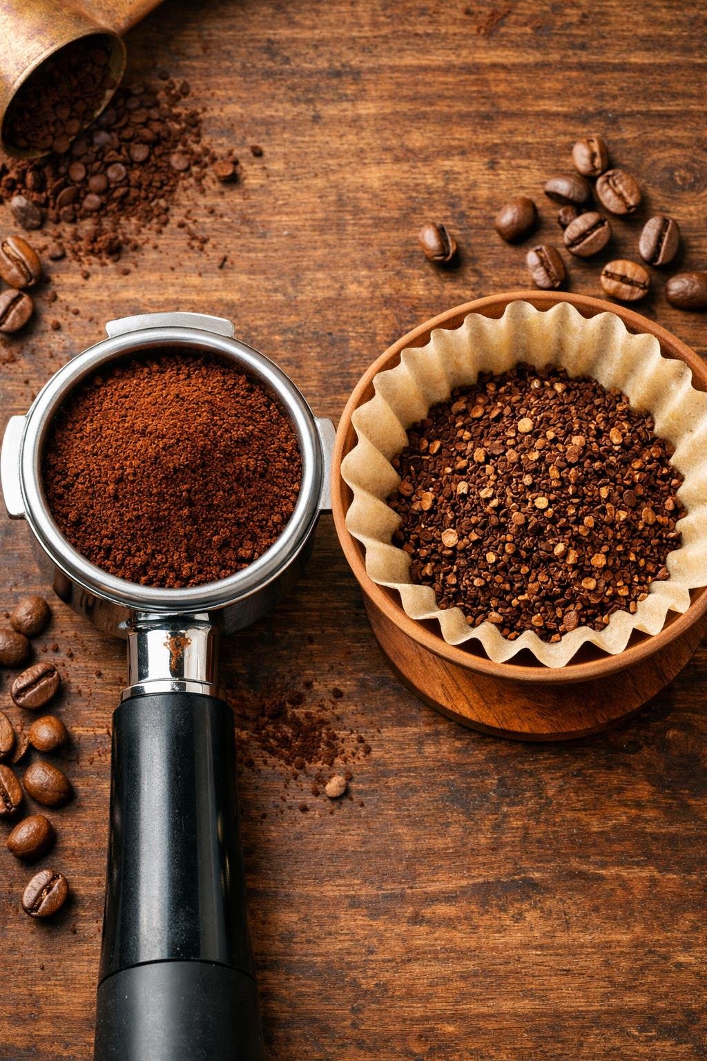 Freshly ground coffee in a portafilter and beside a pour over filter — showing different grind sizes for different brew methods