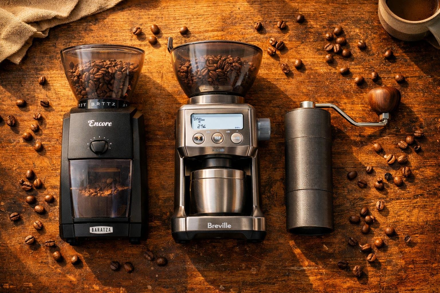 Best coffee grinders under $100 — lineup of burr grinders on a wooden kitchen counter with fresh coffee beans
