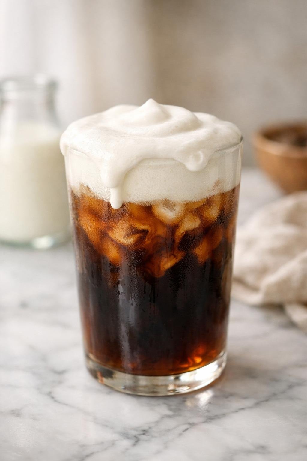 How to make sweet cream cold foam at home on top of cold brew coffee in a clear glass