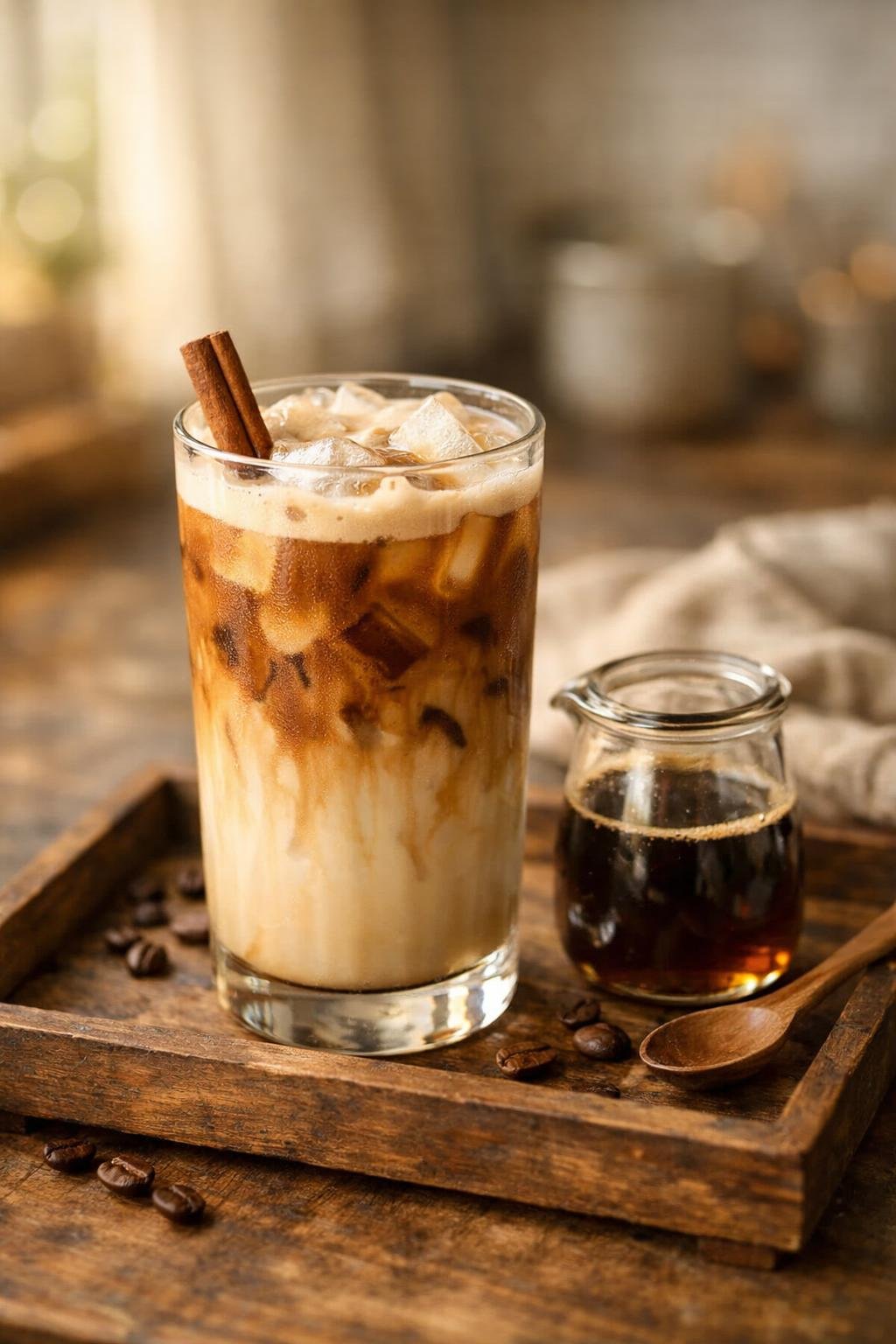 Iced brown sugar oat milk shaken espresso on a wooden tray with brown sugar syrup and cinnamon garnish