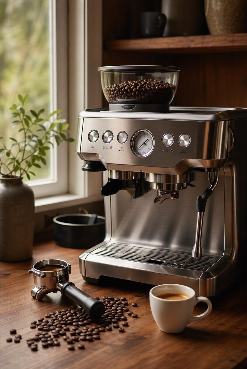 Breville-style home espresso machine with built-in grinder and fresh espresso beans