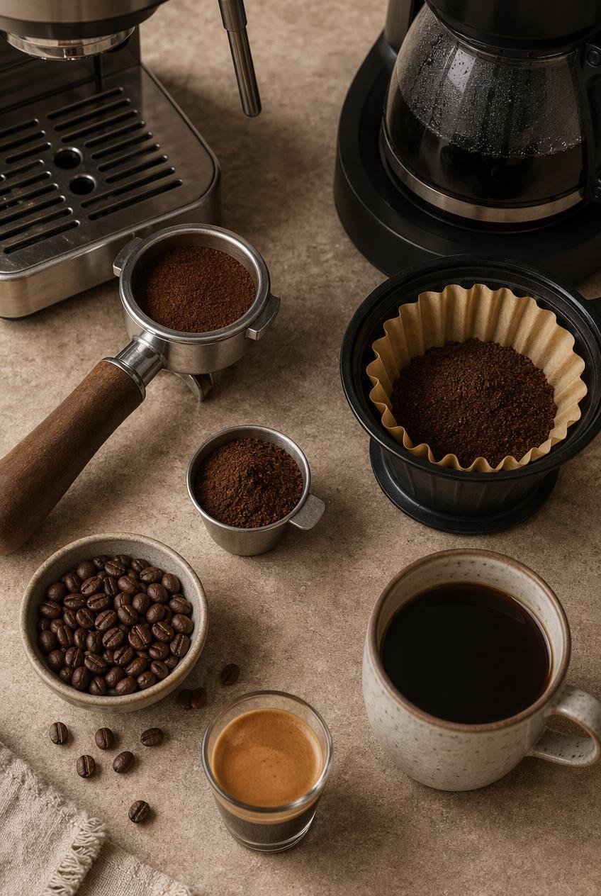 Fresh ground coffee setup comparing espresso and drip coffee makers