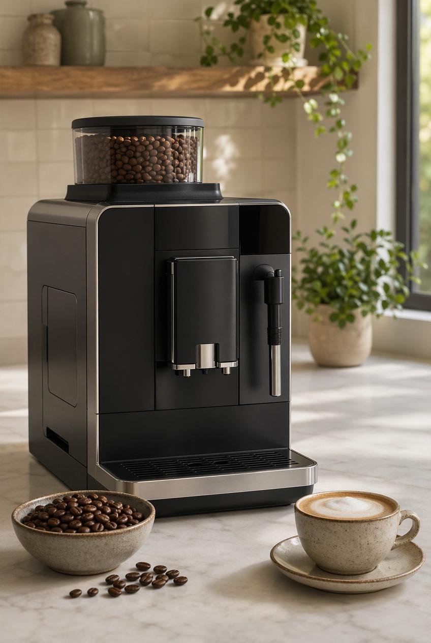 Fully automatic espresso machine with built-in grinder beside whole coffee beans