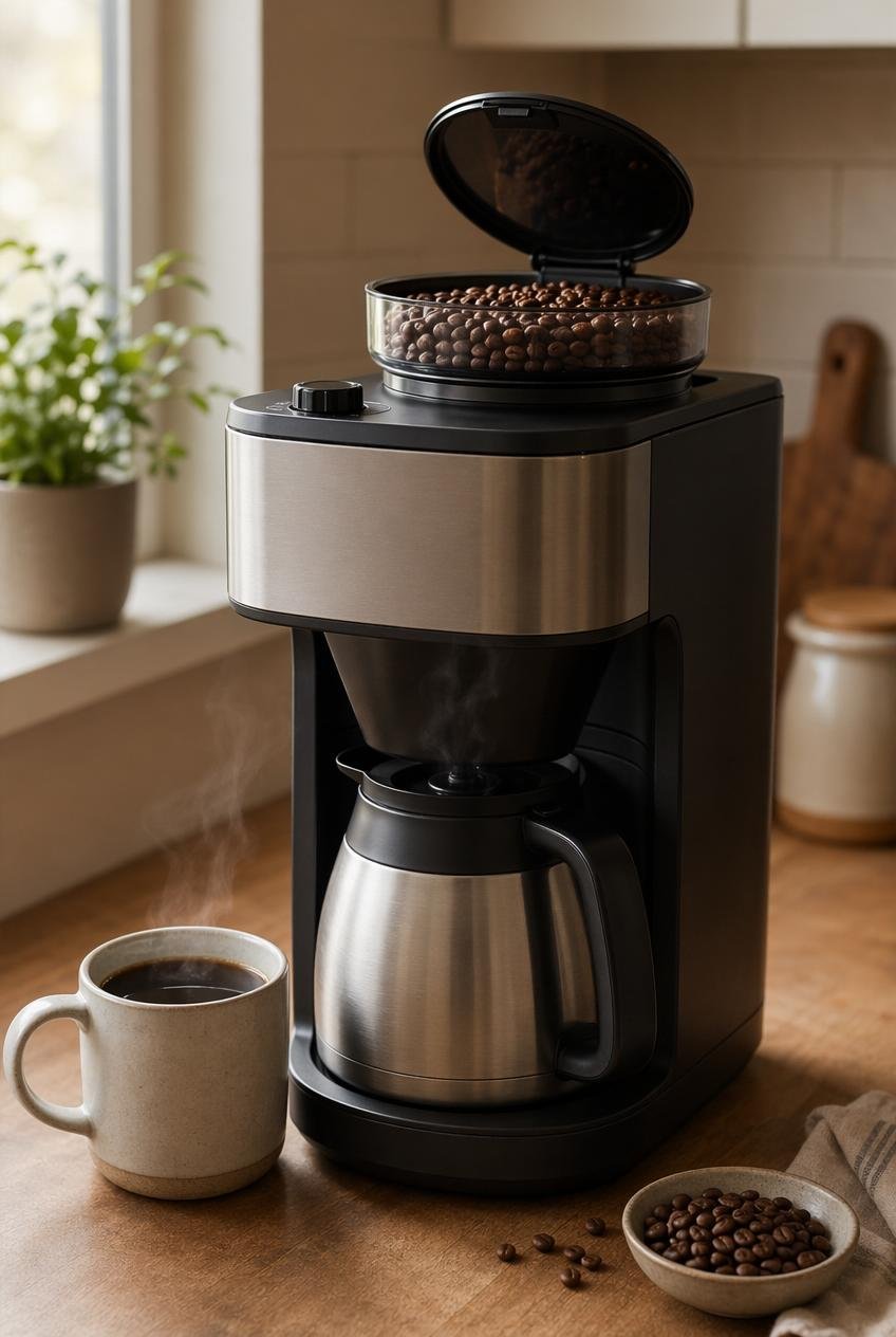 Grind and brew drip coffee maker with built-in grinder and thermal carafe