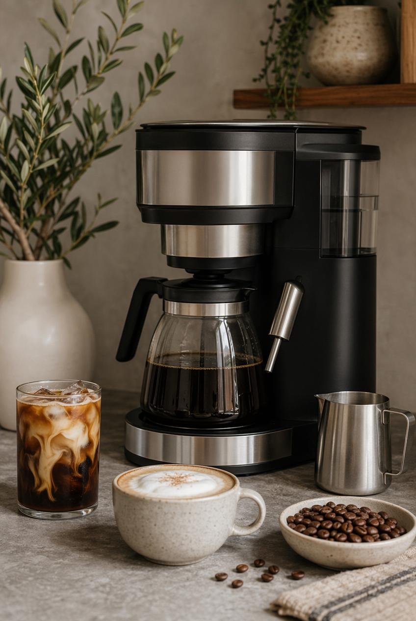 Specialty coffee maker with frother beside whole coffee beans and milk pitcher