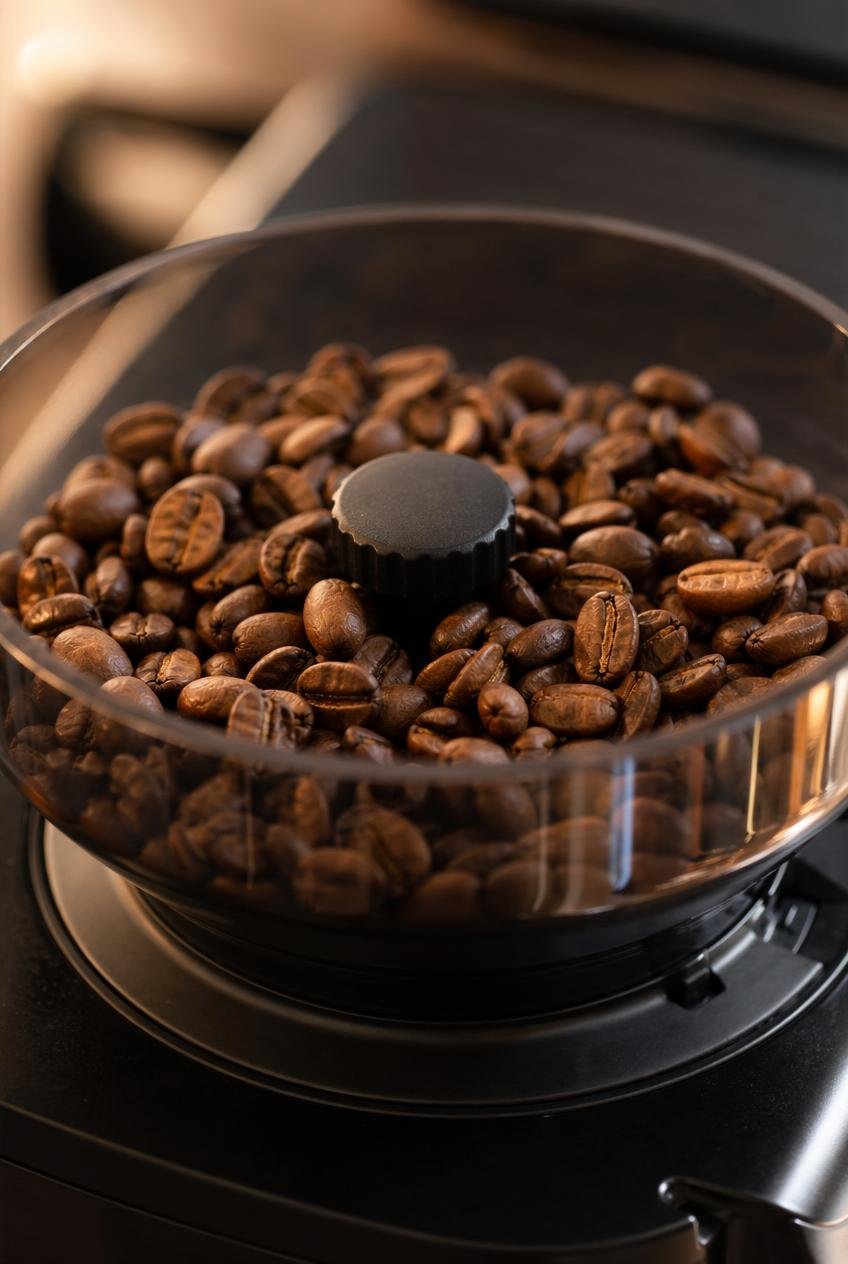 Whole coffee beans in built-in grinder hopper for fresh home brewing