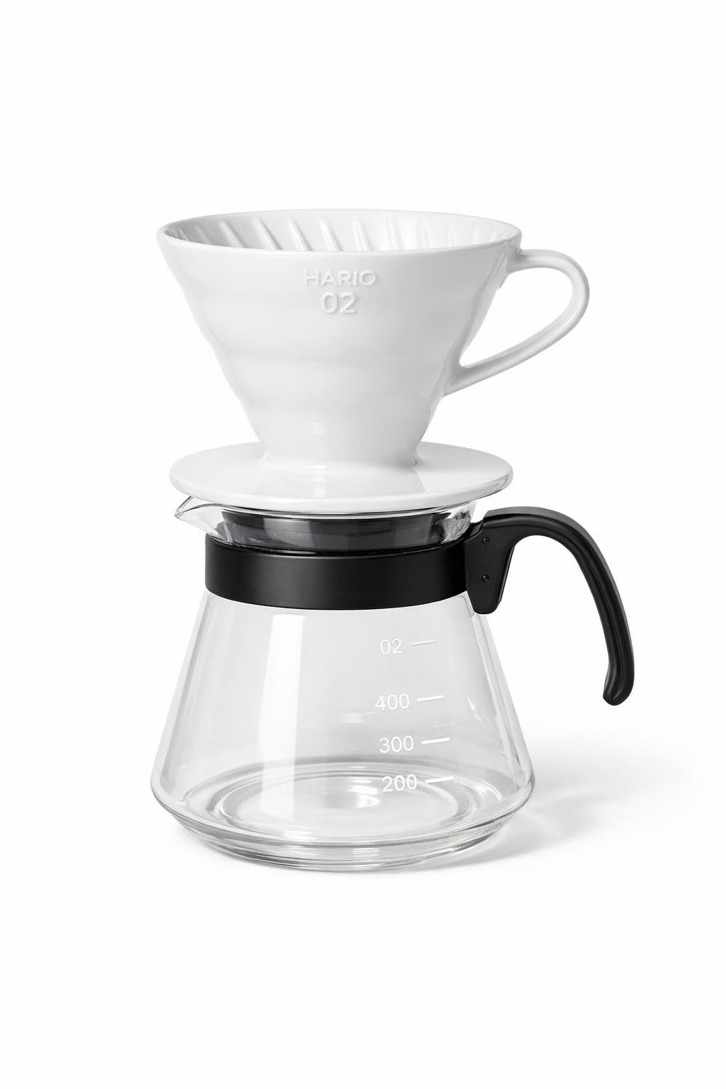 Hario V60 Ceramic Coffee Dripper 02 in white with spiral ribbing