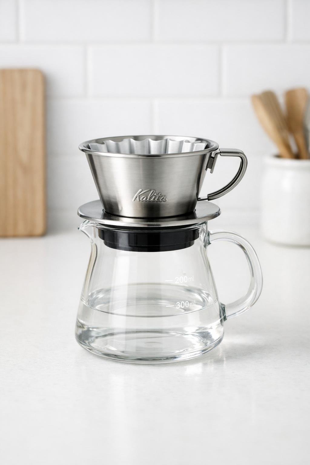 Kalita Wave 185 stainless steel flat-bottom dripper on a glass carafe
