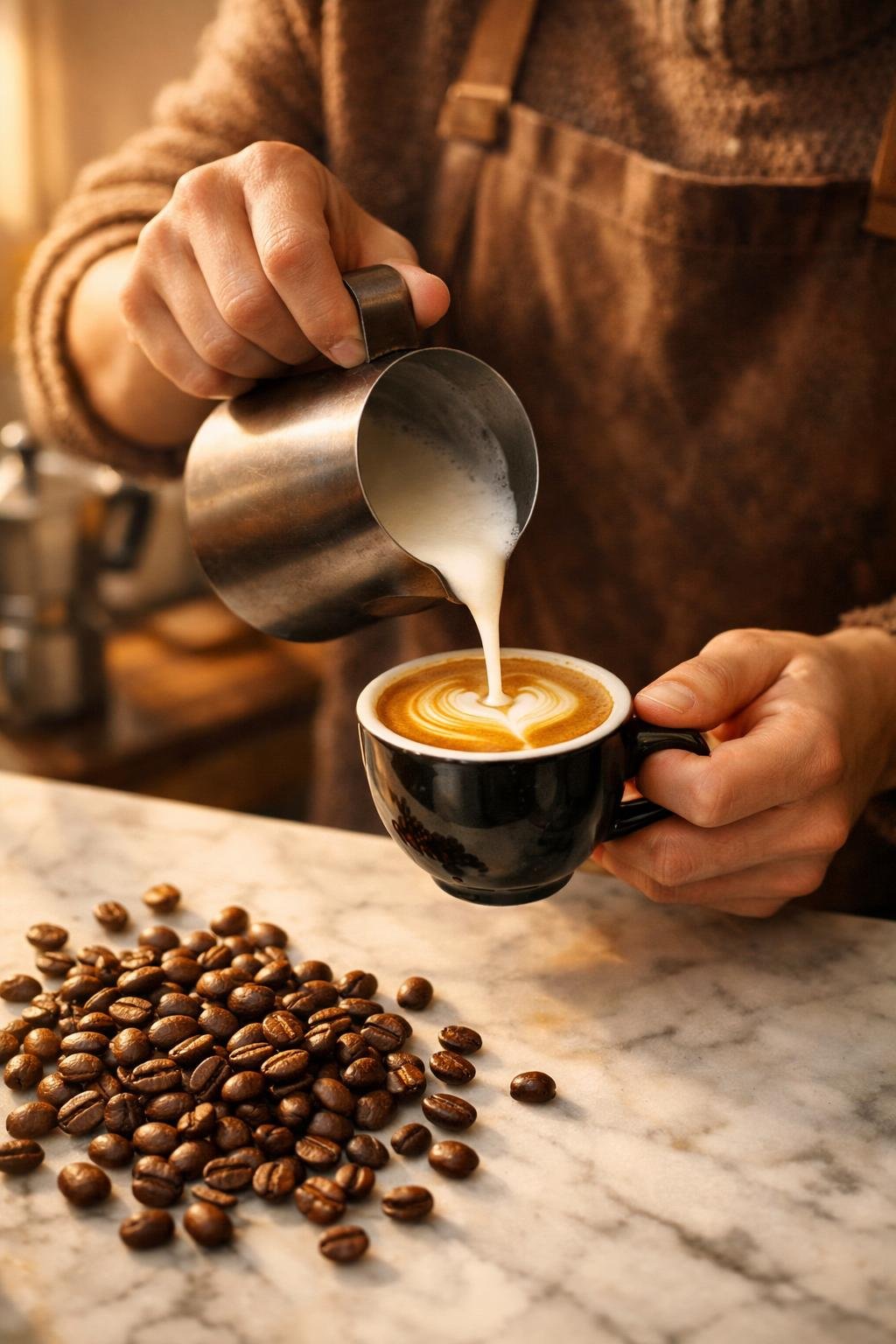 Latte art being poured into espresso with coffee beans nearby