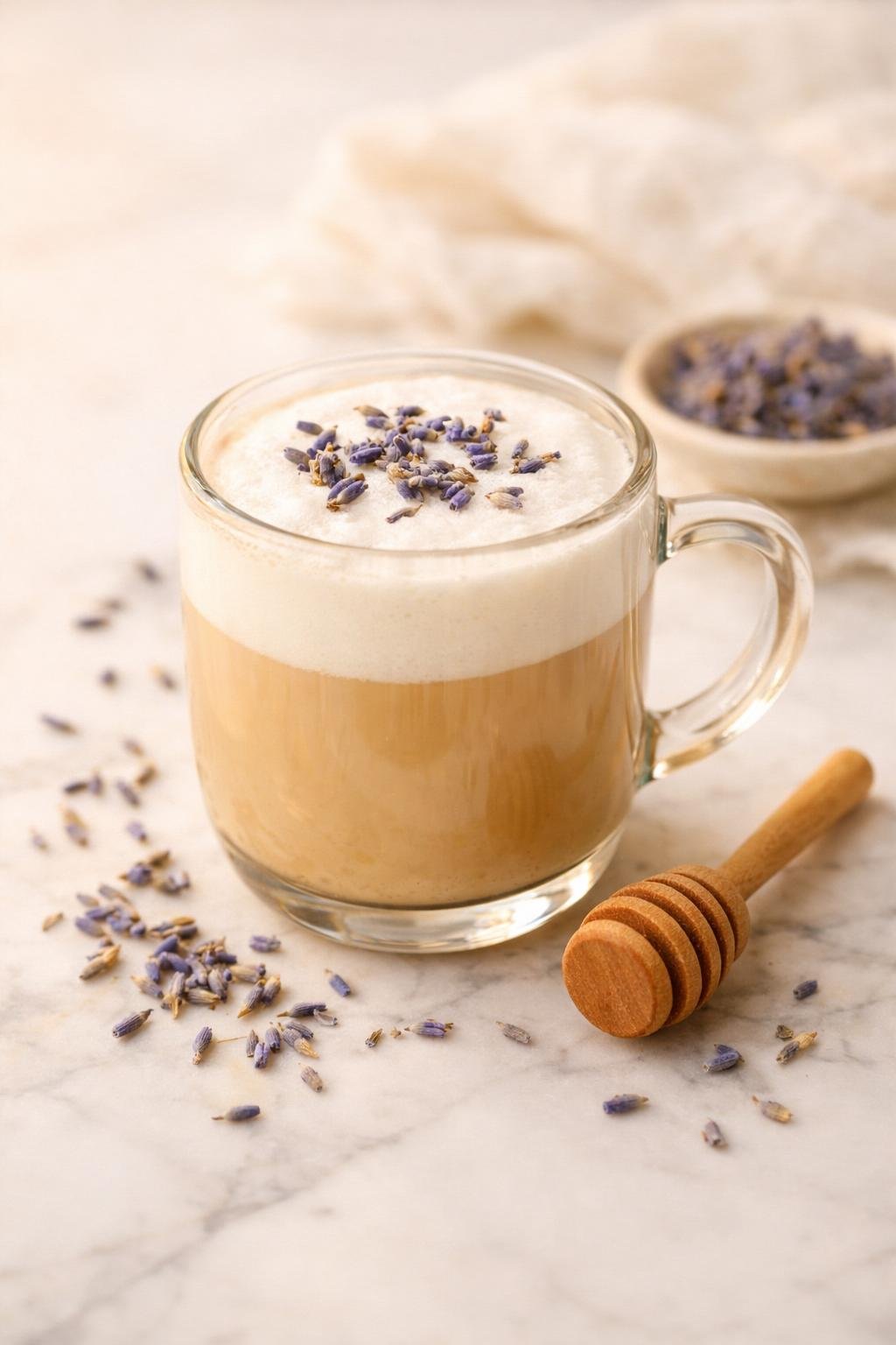Lavender latte recipe styled on marble with dried lavender and honey dipper