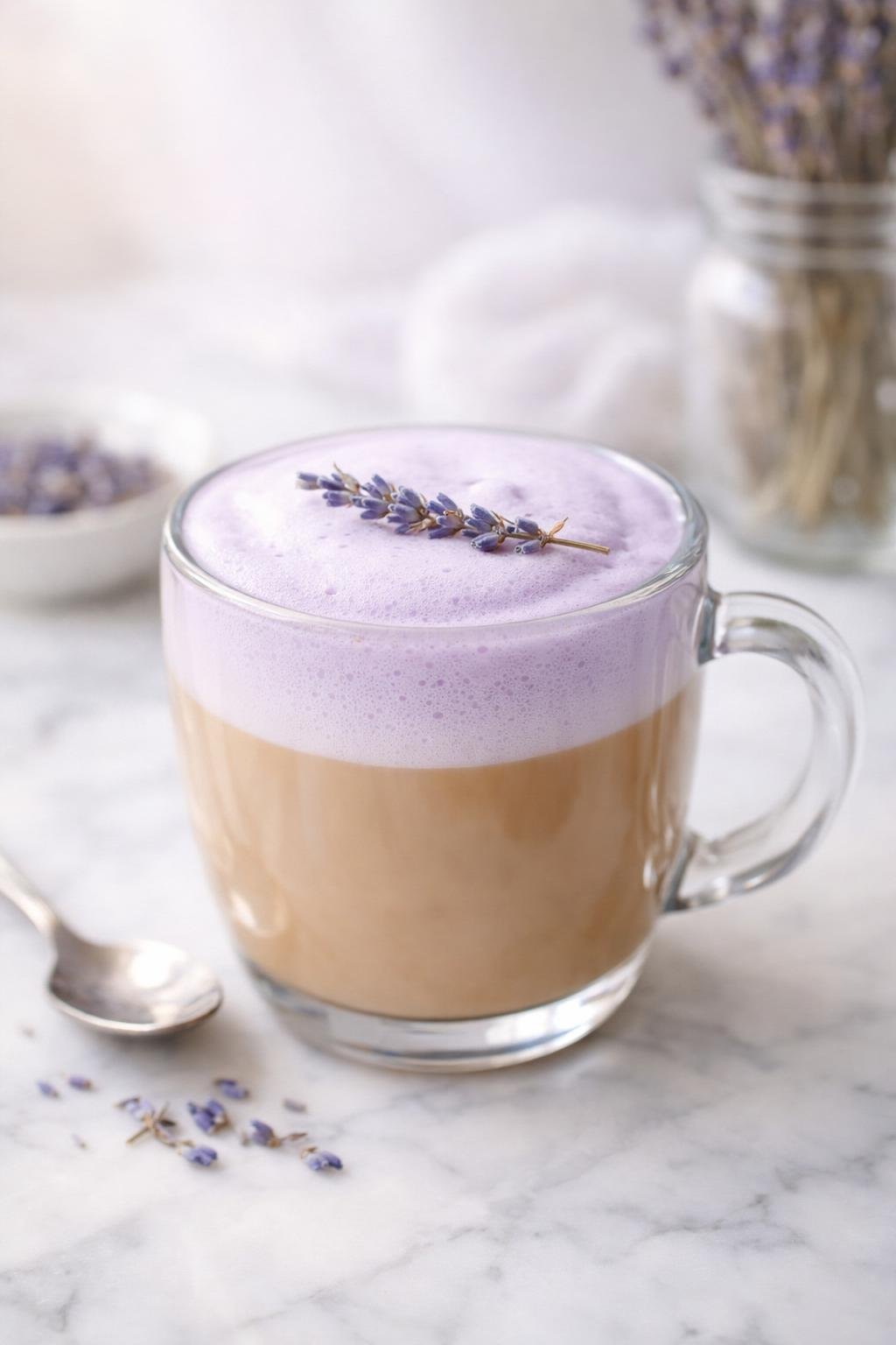 Homemade lavender latte recipe in a clear glass mug with lavender foam and dried lavender garnish