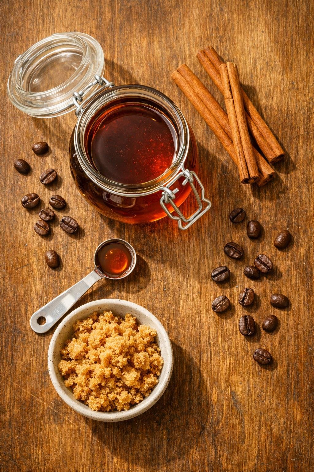 Brown sugar simple syrup ingredients flat lay with cinnamon sticks and coffee beans on wood