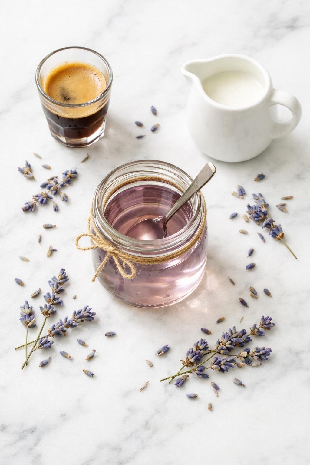 Lavender latte ingredients including lavender syrup, dried lavender buds, and espresso on a marble surface