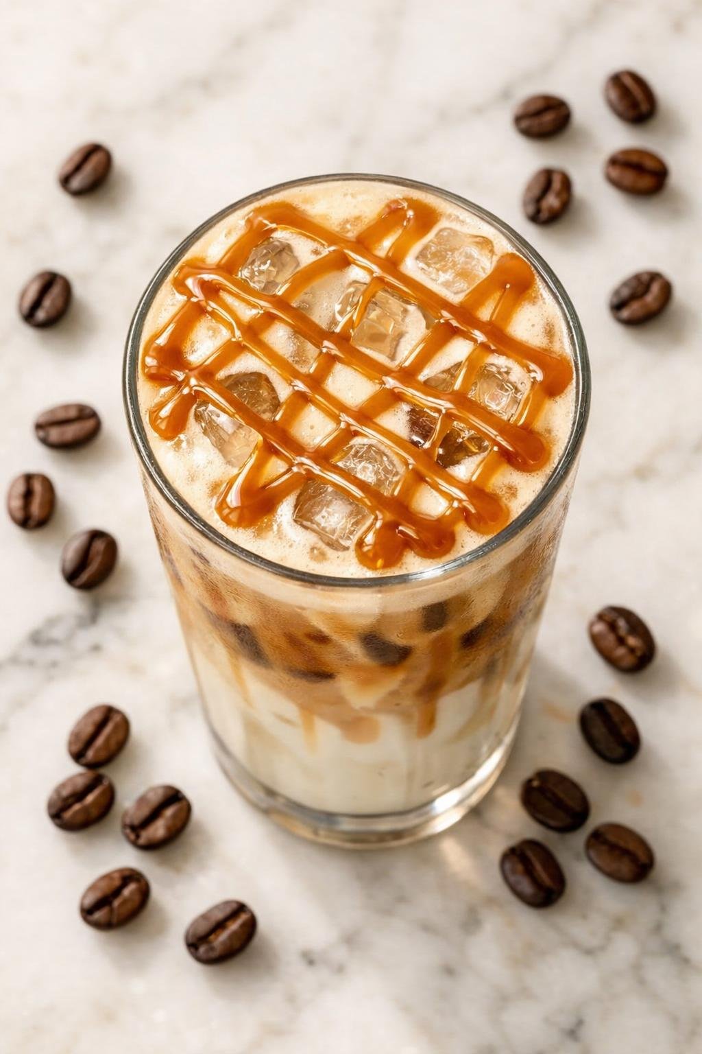 Overhead view of iced caramel macchiato with caramel drizzle and coffee beans on marble