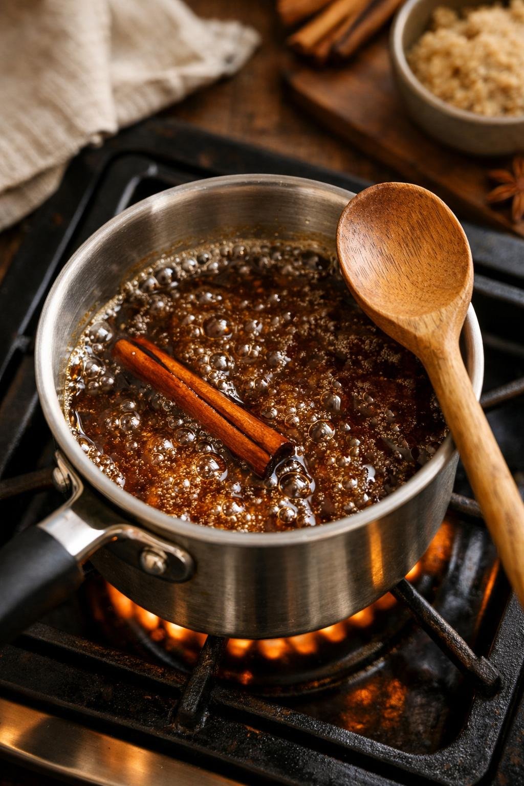 Brown sugar simple syrup simmering in a saucepan with a cinnamon stick
