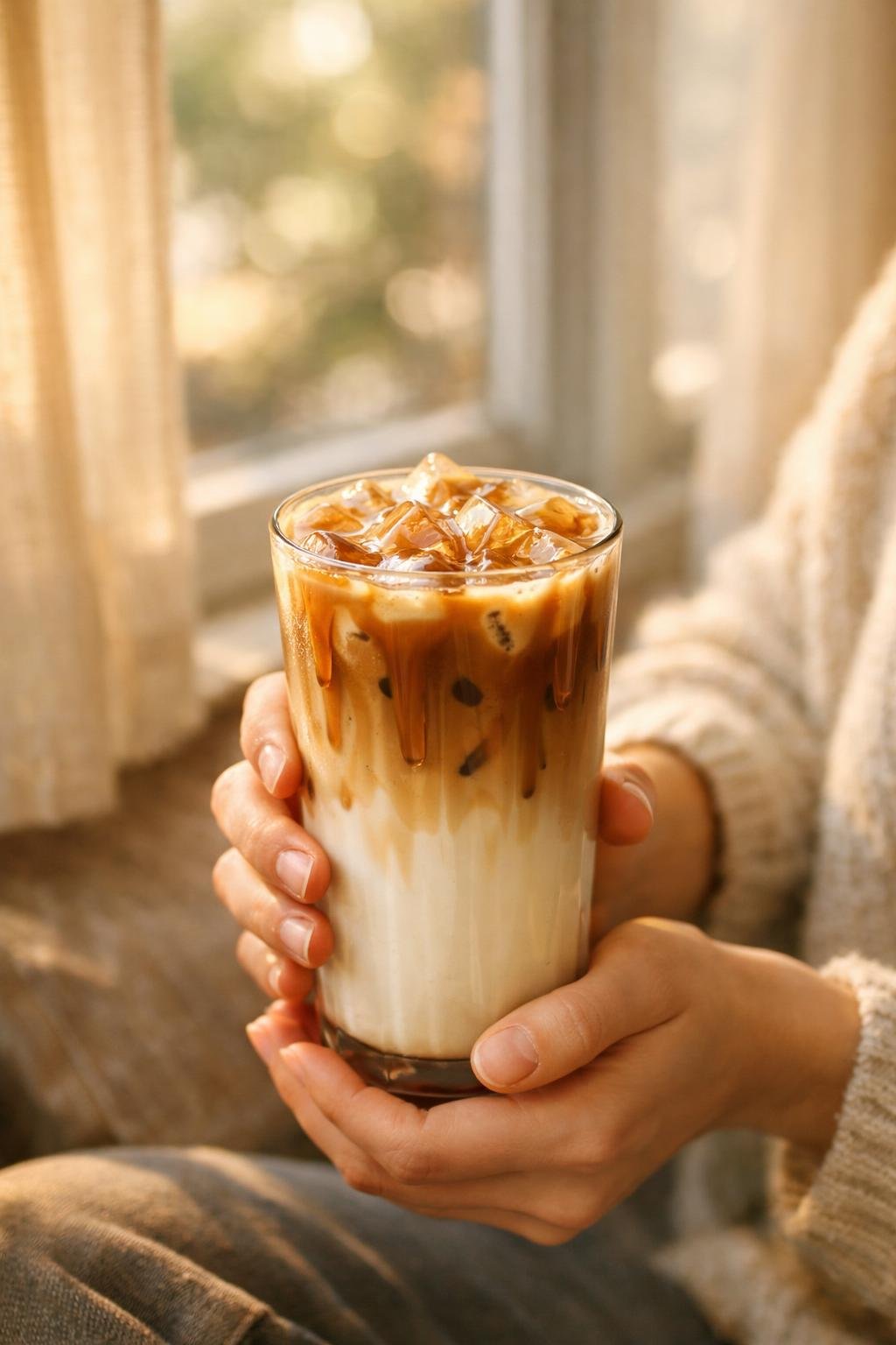 Person holding a homemade iced caramel macchiato by a sunny window